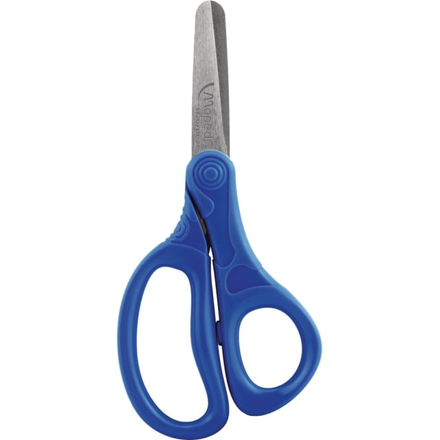 Maped Essentials Kids Scissors with 5 inch blunt stainless steel blades and blue ambidextrous handles, designed for safe cutting at school or home and suitable for craft projects.