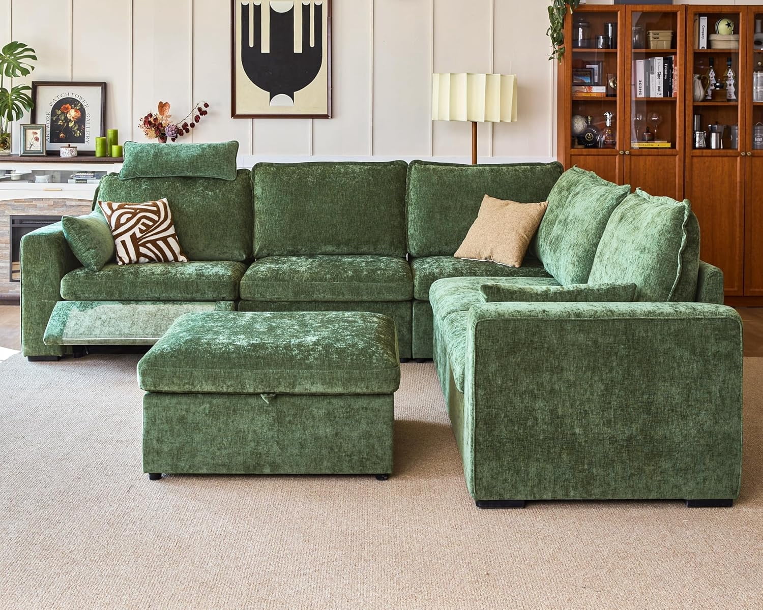 BEDEEP 120'' Power Recliner Sofa with Headrest Console, Moduar Cloud Sectional Chenille Reclining Couch with Storage Ottoman Chaise, Convertible 6-Seater Sofa Couch for Living Room RV, Green