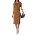 thumbnail image 2 of Unique Bargains Robes en Faux Suède pour Femmes Sans Manches Col Rond Fendu Ourlet Travail Robe Fourreau Marron m, 2 of 5