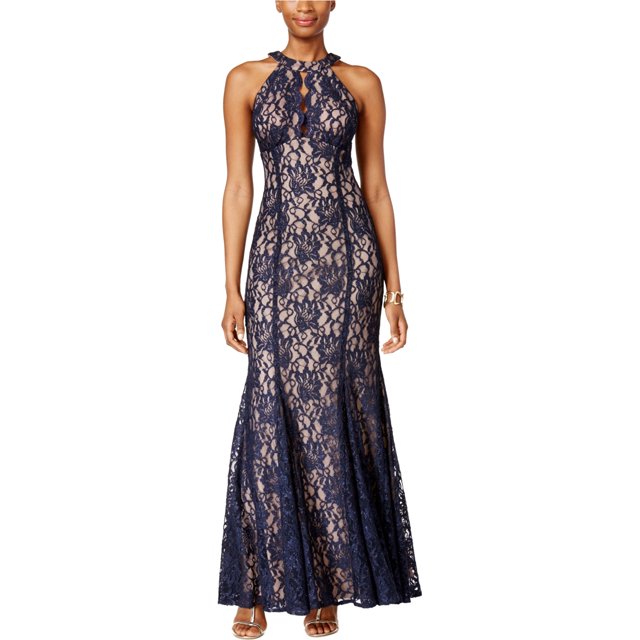 Nightway Womens Lace Keyhole Halter Gown Dress, Blue, 8