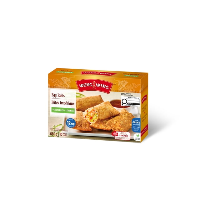 Wong Wing Vegetable Egg Rolls box featuring 10 golden vegetable egg rolls filled with shredded cabbage and crisp vegetables, served with included plum sauce on a white plate, 680 g package, air fryer ready in 12 minutes, made in Canada and vegetarian friendly, suitable as a frozen snack or appetizer.