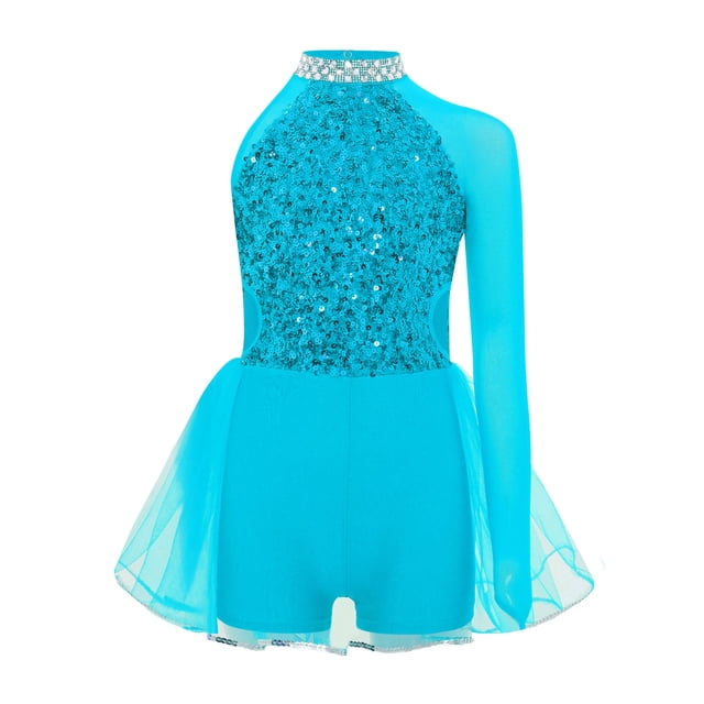TTAO Robe Justaucorps de Danse Jazz à Sequins pour Filles, Manches Longues, avec Strass, Tutu de Danse Ballet, Bleu Clair 10