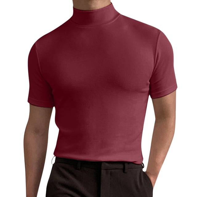 Hommes Chemise Adulte Homme T-shirt Robe Homme Printemps et Été Solide T-shirt Chemisier Haut Col Roulé à Manches Courtes Tops T Chemise Vêtements (Rouge, 3XL)