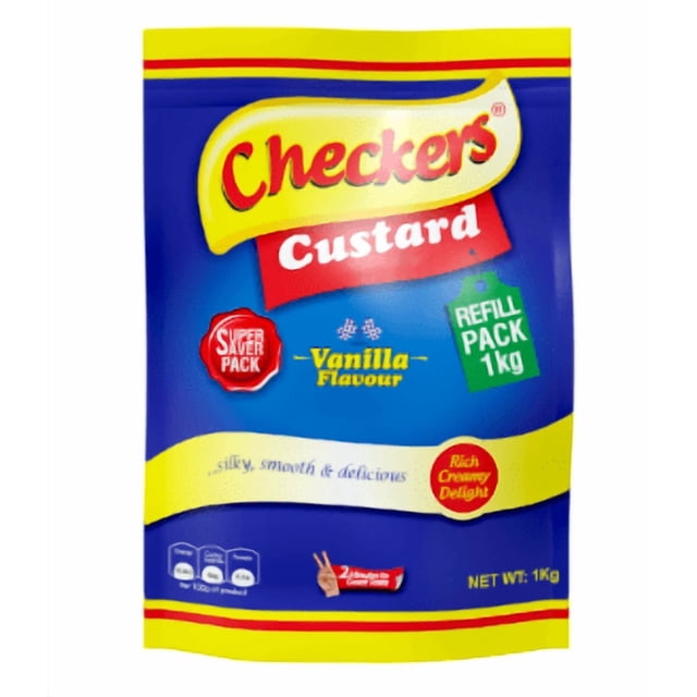 Poudre de Crème Anglaise à la Vanille à Carreaux, un Paquet de Recharge de 1 kg de Mélange Instantané pour Crème Anglaise. l'Emballage Présente un Fond Bleu Audacieux avec des accents Jaunes et Rouges, Mettant l'Accent sur la Saveur de Vanille et un Riche Délice Crémeux. Comprend un Paquet Économiseur et des Détails Nutritionnels.