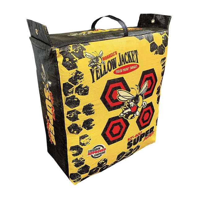 Morrell Yellow Jacket YJ-400 Super Duper 36LB Field Point Archery Target with a bold yellow and black design, hexagonal patterns, and a bee graphic. The target features bullseye markings for accuracy and is suitable for high-speed crossbows and compound bows. It includes a weather-resistant surface, a carry handle for portability, and a durable internal frame system. Dimensions are 25 x 15 x 27 inches, and it weighs 36 pounds.