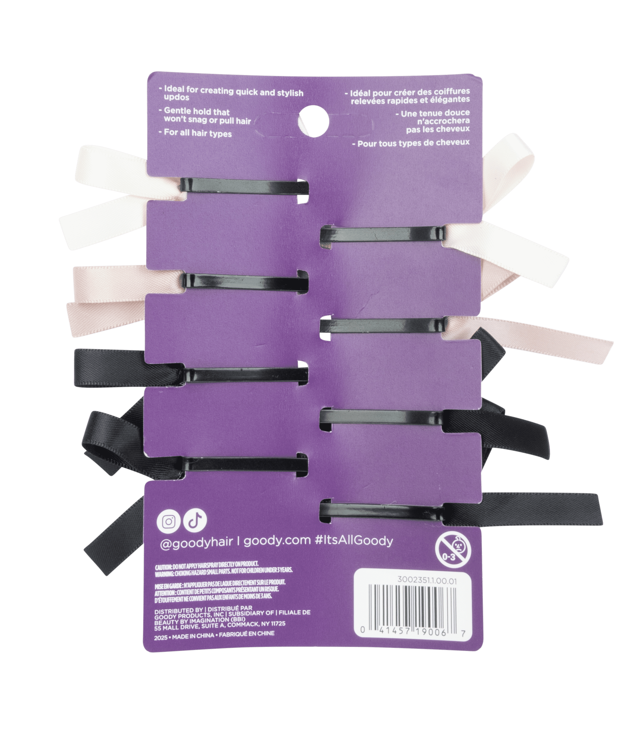 Goody SlideProof Mini Bow Épingles à cheveux, couleurs noires et neutres, pack de 8
