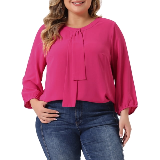 GRACE & GRANDEUR Women's Plus Size Round Neck Tie Front Ruffle Chiffon Work Blouses 3X Hot Pink