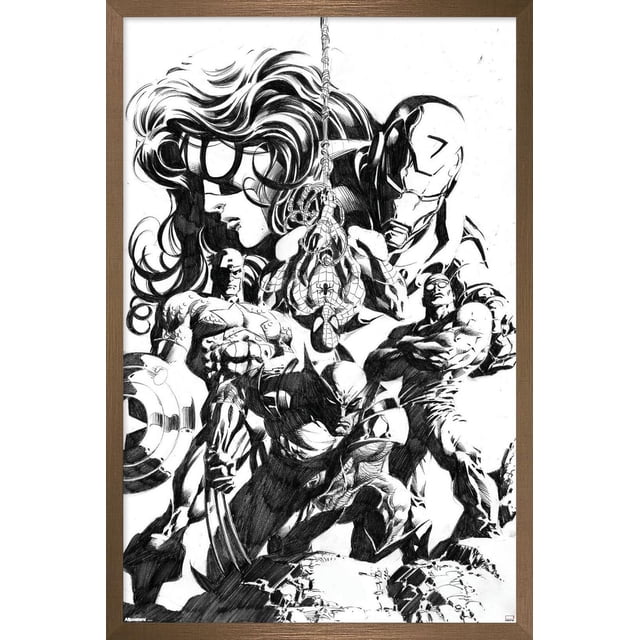 Marvel Sketch - Group Wall Poster, 14.725" x 22.375" framed, depicts a black and white ink sketch of Marvel superheroes including Spider-Man hanging upside down from a web in the center, Wolverine crouching with claws extended in front, Iron Man on the right, and other heroes like Captain America and Cyclops, all detailed with bold shading and dynamic poses, set in a medium brown wooden frame, ideal for home décor and wall art in bedrooms, offices, or dorm rooms.