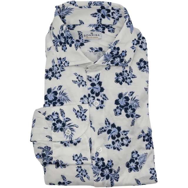 Sonrisa Chemise Habillée pour Homme Bleu / Blanc à Motif Floral Fior Di Cotone - 46-18.5 (2 X)