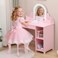 thumbnail image 3 of BeesClover Kids Vanity Set with Lighted Mirror, 2-in-1 Girls Dressing Table & Stool, Makeup Vanity with Drawer & Open Shelves, 3 of 7