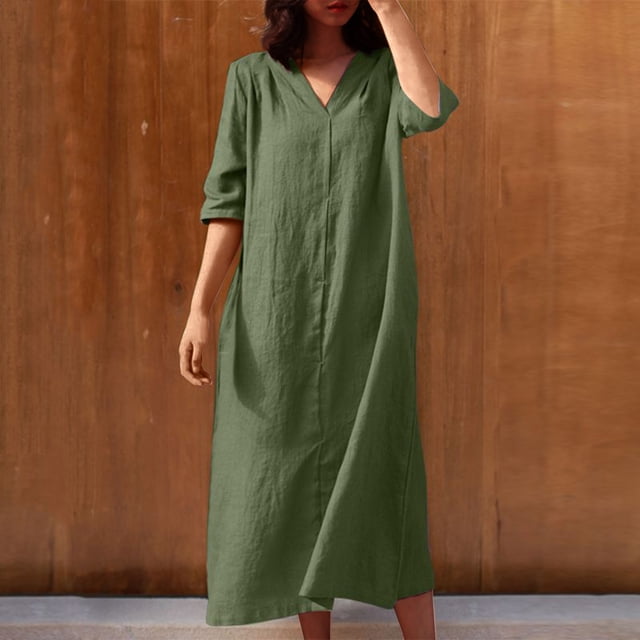 Gspmoly Robes Décontractées pour Femmes, Robe d'Été Unie à Manches Courtes et Col en V pour Femmes, Robes Formelles pour Femmes Articles en Liquidation