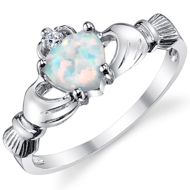 Bague d'Amitié et d'Amour Claddagh Irlandaise pour Femme en Argent Sterling 925 avec Cœur en Opale Simulée 8