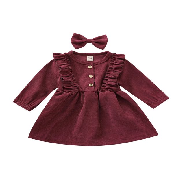 MesaSe Robe en Velours Côtelé à Volants Manches Longues Bandeau Robes Enfants Rouge Vin 6-12 Mois