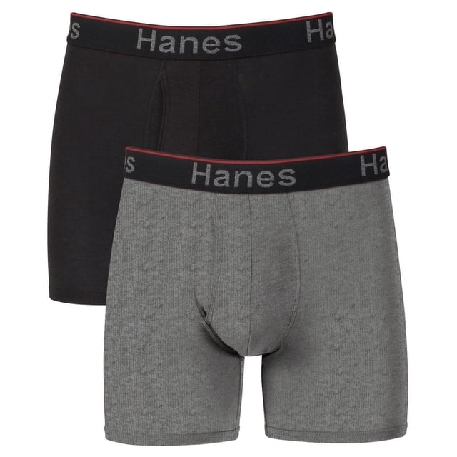 Hanes P2 Comfort Flex Fit Total Support Boxer Briefs in black and grey with a black waistband featuring the Hanes logo, made with poly-TENCEL fabric for moisture wicking, cooling, and FreshIQ odor protection, including internal mesh lift panels for enhanced support.