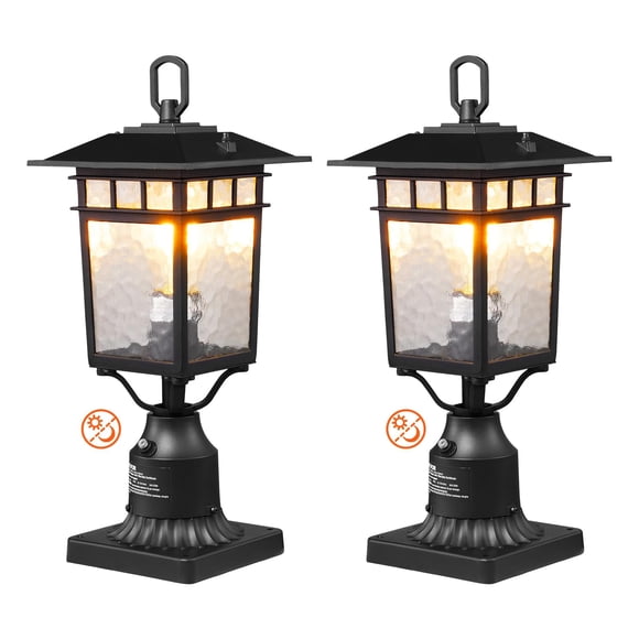VEVOR 2 Pack Dusk to Dawn Outdoor Post Light, 15.75 in, Waterproof Lamp Post Light Fixtures with 5.5 in Pier Mount Base Glass Shade, Lightni