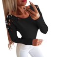 thumbnail image 2 of AMERTEER T-shirt Mode Femme Col Rond Uni Perle Ajusté Manches Longues Blouse, 2 of 3