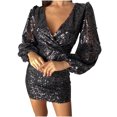 thumbnail image 1 of FAIWAD Robe Scintillante à Paillettes pour Femmes Portefeuille à Col en V Manches Longues Bouffantes Robe Froncée Ajustée Extensible Robe de Cocktail, 1 of 6