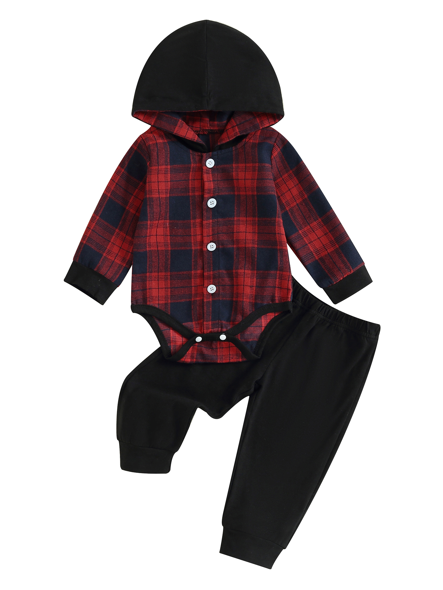 Honganda 0-24M Baby Boy 2 Pcs Outfit Plaid Long Sleeve Hooded Rompers Pants Set Fall Spring Clothes