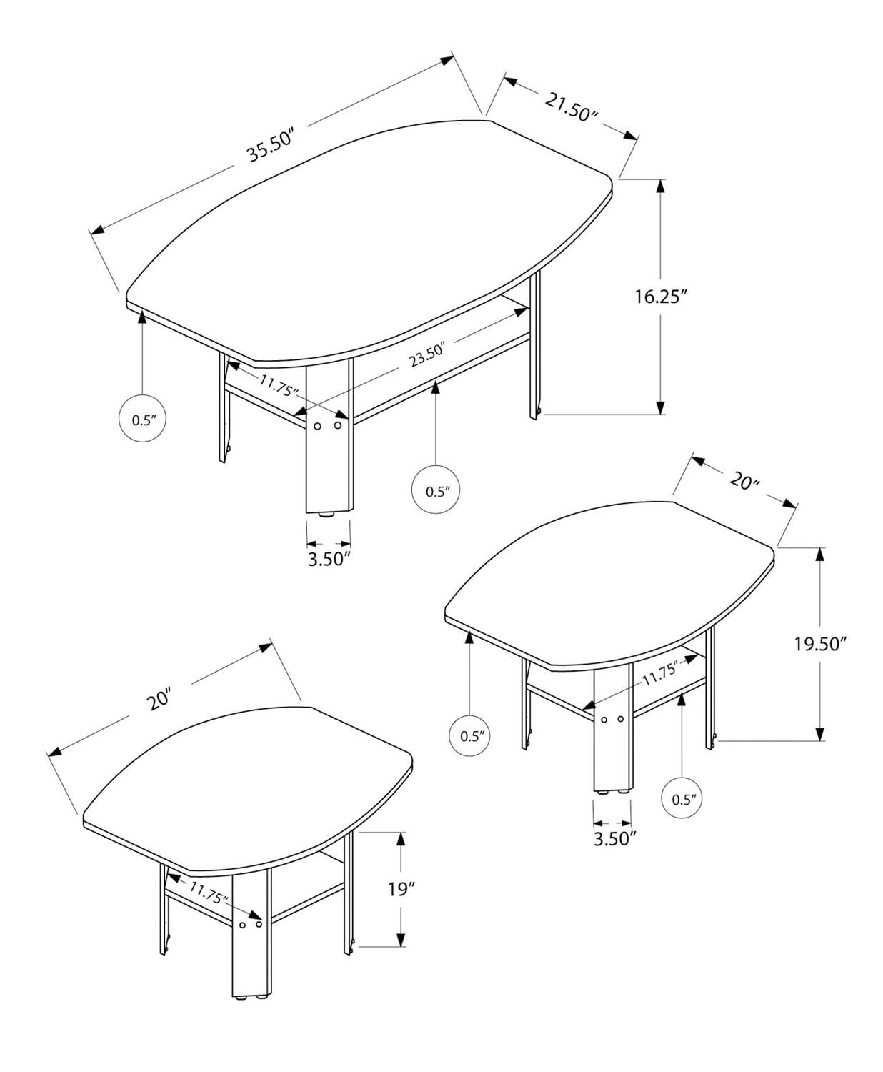 Monarch Specialties Ensemble De Table, Ensemble 3pcs, Café, Bout, Côté, Accent, Salon, Stratifié, Gris, Transitionnel