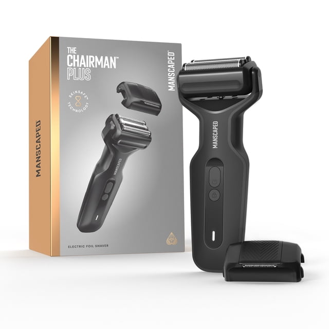 MANSCAPED® The Chairman™ PLUS Men’s Foil Shaver in black, featuring two interchangeable blade heads: a SkinSafe® three-blade foil for shaving up to three days of growth and a precision trimmer for sharp lines on the neckline, jawline, and sideburns. The shaver includes FlexAdjust technology, stainless-steel blades, and a detachable magnetic head for easy cleaning. Waterproof with an ergonomic grip and travel lock, it is displayed alongside its packaging and additional blade head.