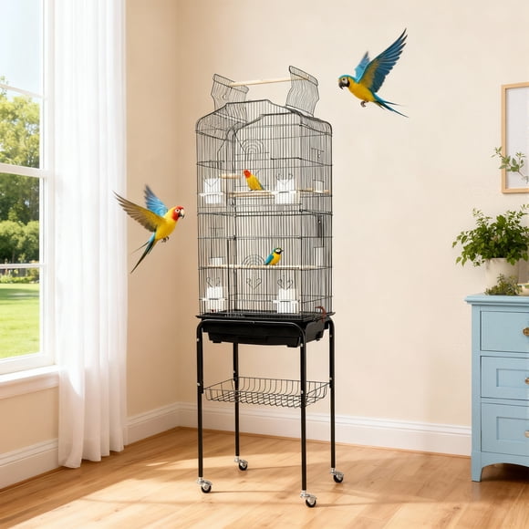 59.5-Inch Large Bird Cage with Pull-Out Tray & 360° Swivel Casters & Storage Shelf,Metal Flight Cage with Perches, Open Top & Food Bowls & Lock for Cockatiels, Parakeets, Conures, Finches, Budgies