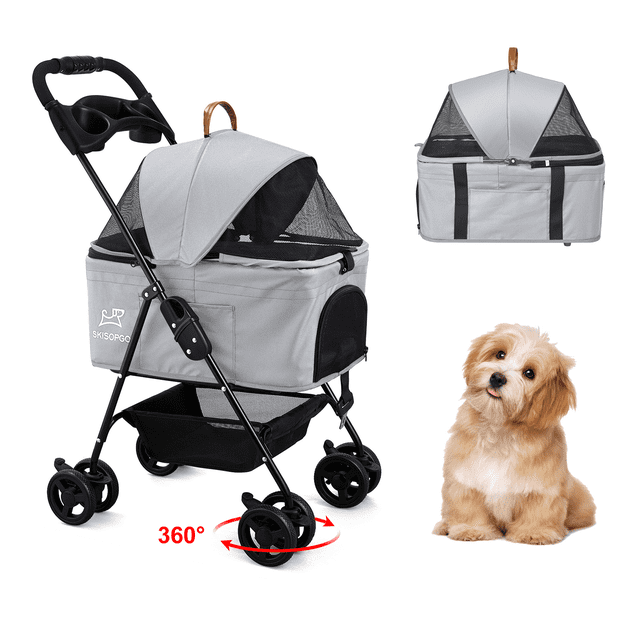 SKISOPGO Dog Stroller Pet Stroller Foldable Cat Stroller for Travel in grey, featuring a 3-in-1 design as a stroller, booster seat, and carrier. The stroller has a lightweight alloy frame, 360-degree rotating front wheels, and rear wheels with brakes for stability. It includes a mesh canopy for ventilation, a removable washable pad, and an interior tether for pet safety. The stroller is foldable for easy storage and suitable for pets under 10 kg. The image shows the stroller with its mesh canopy open, a detachable carrier, and a small dog sitting nearby.