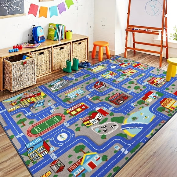 SDOTXA Blue Car Road Area Rug Carpet 5‘x 6‘6” Playoom Traffic Road Playmat Non Slip Washable City Map Race Track Carpet Rug for Bedroom Living Room