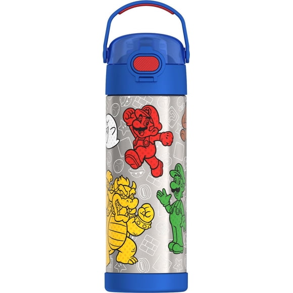 Thermos Kids Stainless Steel Vacuum Insulated Funtainer Water Bottle with Spout Lid, 470 ml, Super Mario