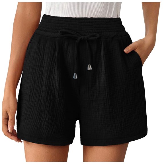 JFHHQ Women's Shorts Women's High Waist Casual Straight Leg Shorts with Double Layered Pleated Hem for Sporty Loose Fit Fashion S Black