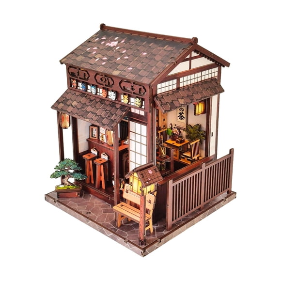 Bunblic Miniature House Kit DIY Miniature Dollhouse Kits Creative for Kids Adults Unique Gift with Light Wood Tea House Wooden Crafts