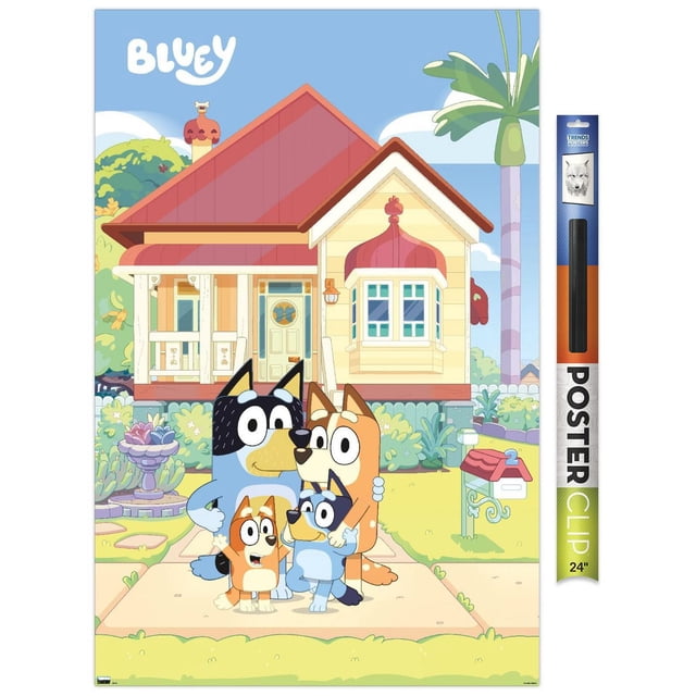 Bluey - Family Wall Poster, 22.375" x 34", depicting the Blue Heeler dog family of four standing on a sidewalk in front of a yellow house with a red roof, surrounded by garden plants and a mailbox numbered 2, printed on glossy poster paper suitable for home décor and kids' rooms.