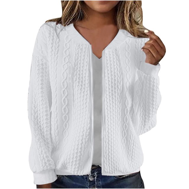 Veste Chandail Zippée Unie à Manches Longues en Tricot d'Hiver Décontractée pour Femme (Blanc, P)