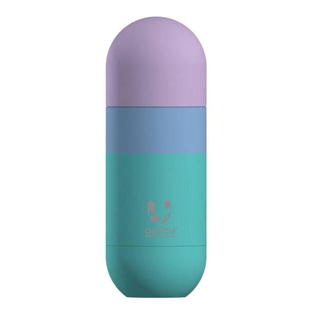 Asobu Orb Bottle 14oz water bottle with a unique orb shape in lavender, blue, and teal. Stainless steel double wall vacuum insulated to keep beverages hot for 12 hours or cold for 24 hours. The screw top lid doubles as a cup and is leak-proof, ideal for travel and everyday use.