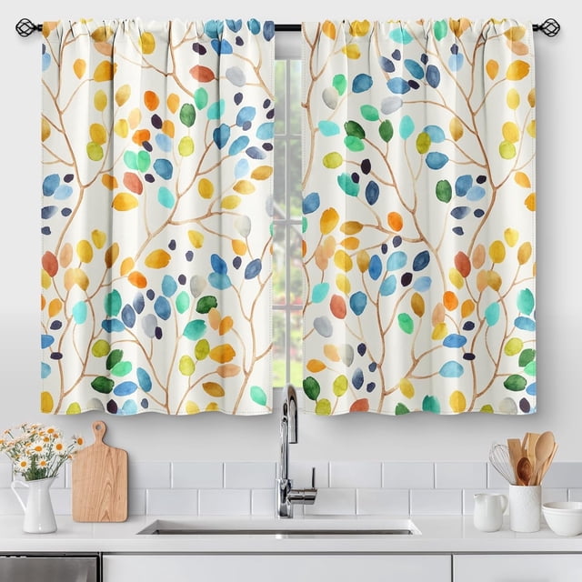 Colorful Leaves Kitchen Curtains - Floral Spring Botanical Tier Cafe Curtains Farmhouse Country Small Window Curtains for Bathroom Living RV Rod Pocket Window Drapes 36 Inch 2 Panels Set 28 "x36"