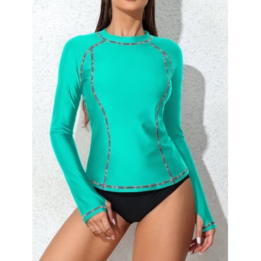 Charmo Chandails de Bain pour Femmes à Blocs de Couleur, Manches Longues, Maillot Dermoprotecteur, FPS 50+ UV, Haut de Maillot