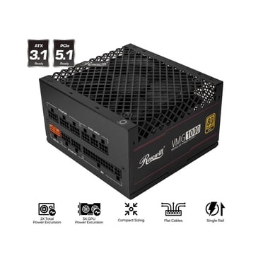 Rosewill VMG 1000W 80+ Or, Compatible ATX 3.0 et 3.1, Alimentation Modulaire Complète à Faible Bruit, Connecteur PCIe 5.1 12V-2x6, Condensateur Japonais 100 %, Ventilateur Silencieux FDB 120mm - Garantie de 5 Ans - VMG1000