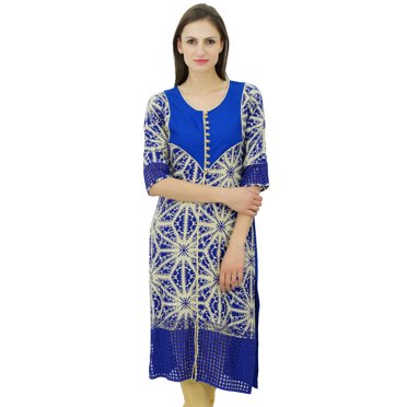 Bimba Femme Rayonne Longue Tunique Droite Kurti Bleu Designer Kurta Imprimée Tenue Décontractée d'Été