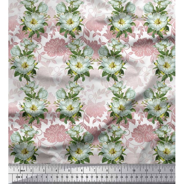 Soimoi Georgette Viscose Fabric Leaves & Magnolia Floral Fabric Prints by Yard 42 Inch Wide