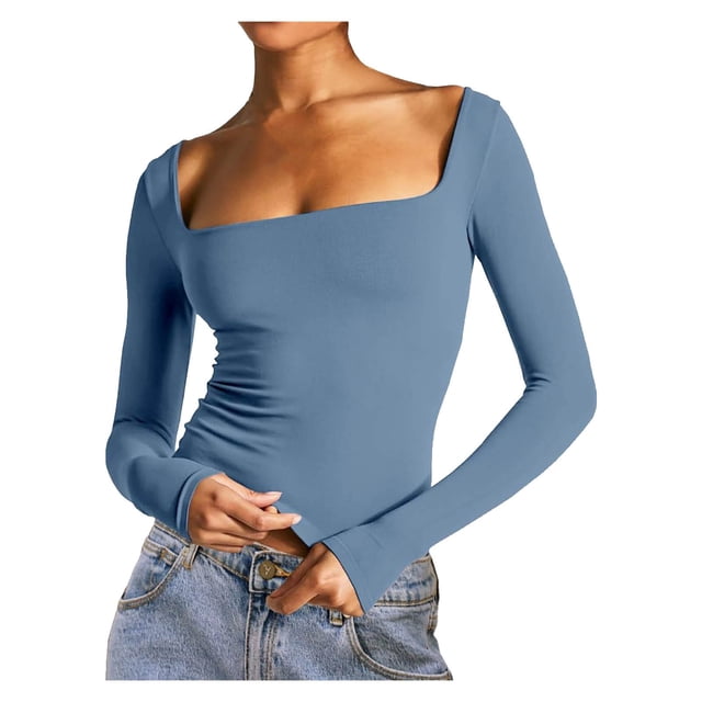 Timegard Hauts de Sortie pour Femmes sous-Vêtements Col Carré Manches Longues Froncé Tee Automne Tops Skinny Décontractés