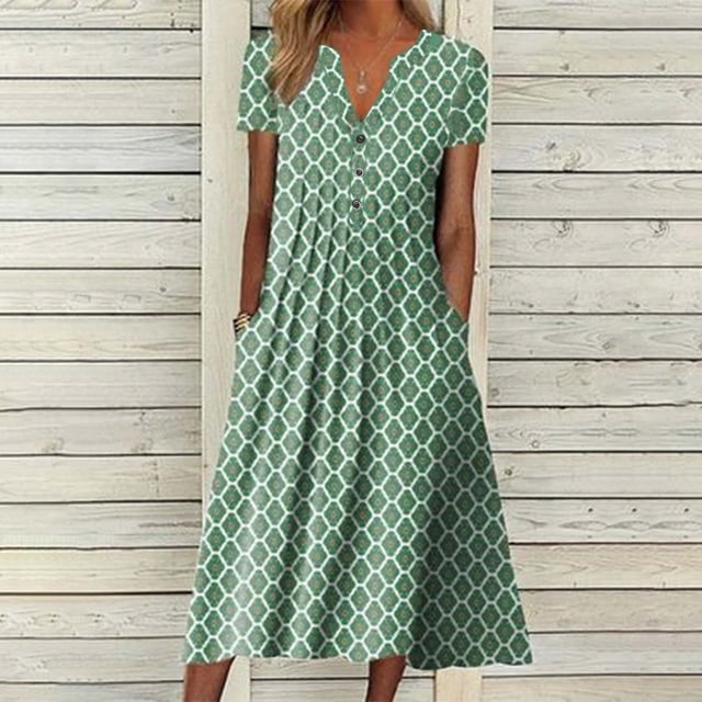 Pisexur Robe à Manches Courtes à Col en V Longueur Genou Mode Femmes Été Imprimé Décontracté Col en V Bouton Manches Courtes Vacances Poches Robe Femmes Robe