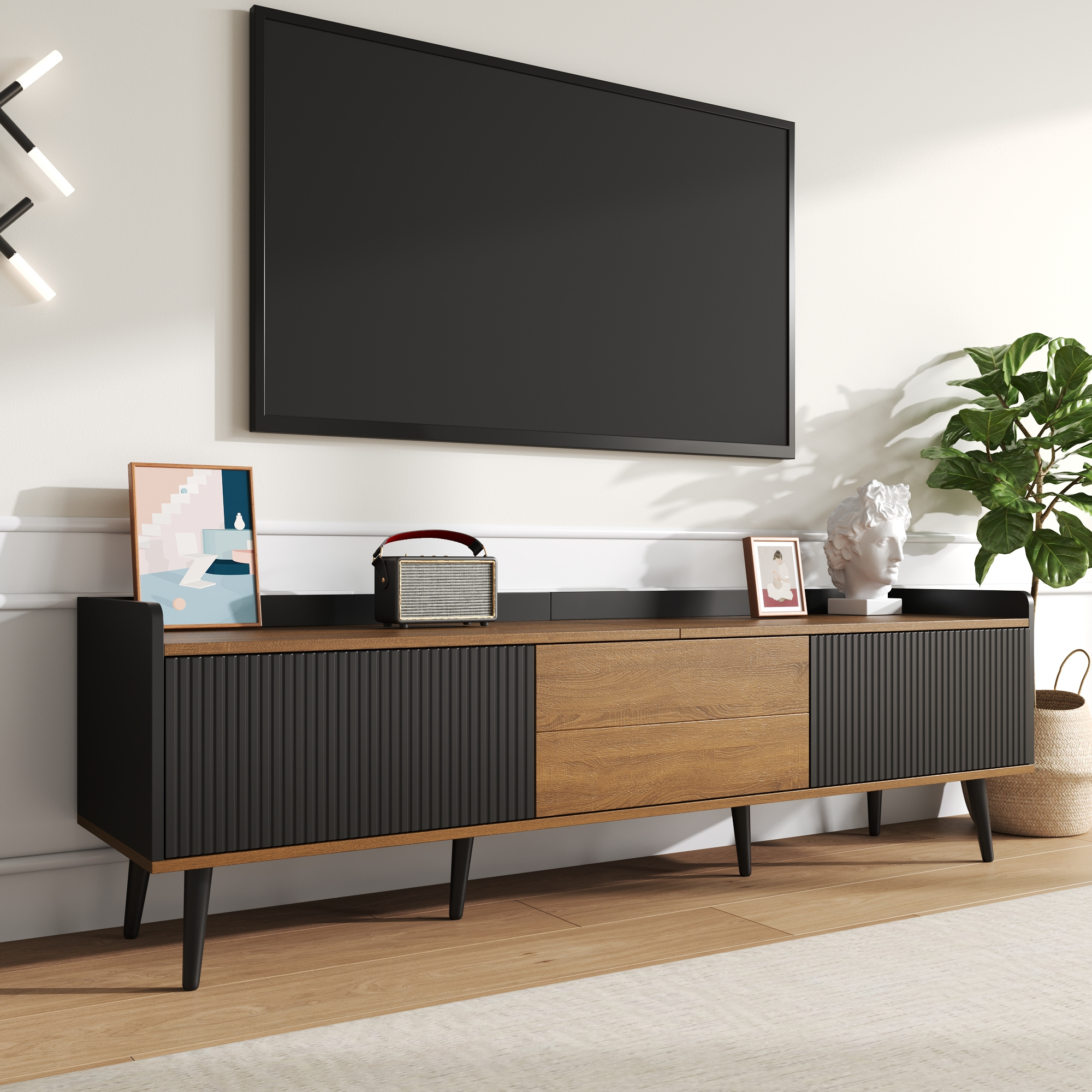 Noble House Meuble TV, Planche Basse avec Trois Portes, texture Fine. Noir