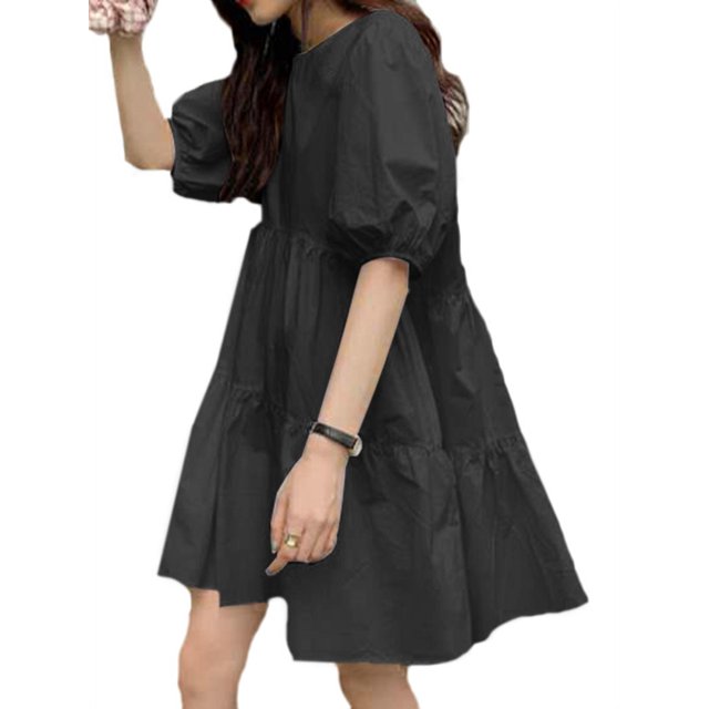 VONDA Women's O Neck Solid Color Summer Blouse Pleated Mini Dress