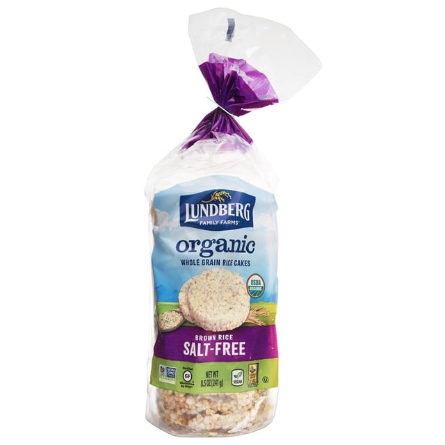 Lundberg Galettes de Riz à Grains Entiers Biologiques Riz Brun Sans Sel, Emballage de 8,5 oz (241 g). le Sac Transparent avec accents Violets Met en Valeur les certifications Biologiques de l'USDA, Vérifiées par le Projet Non-OGM, Sans Gluten et Véganes, Idéal pour des Collations Santé et des Besoins Alimentaires.