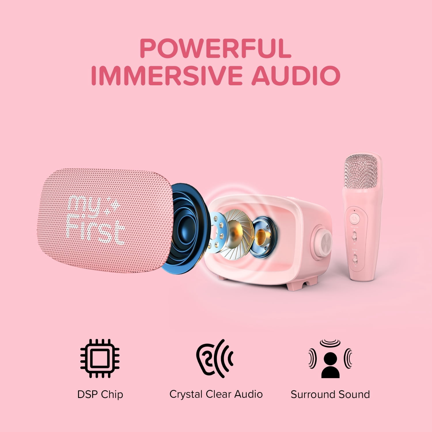 myFirst Voice 2 : Machine de karaoké pour enfants, enceinte Bluetooth portable, micro sans fil, 5 modificateurs de voix (Couleur rose)