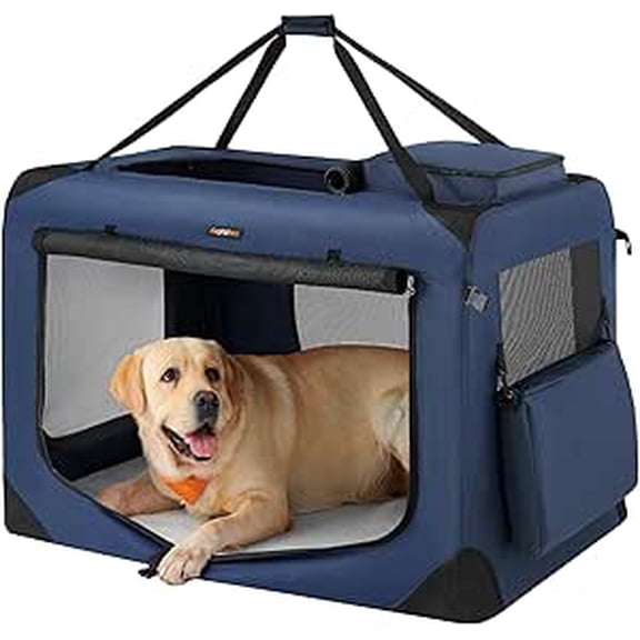 Feandrea Cage pour Chien, Transporteur pour Animal Pliable, TTTG, Cage Souple Portable pour Chien, Tissu Oxford, Maille, Cadre en Métal, avec Poignée, Poches de Rangement, 40 x 27 x 27 Pouces, Bleu Foncé