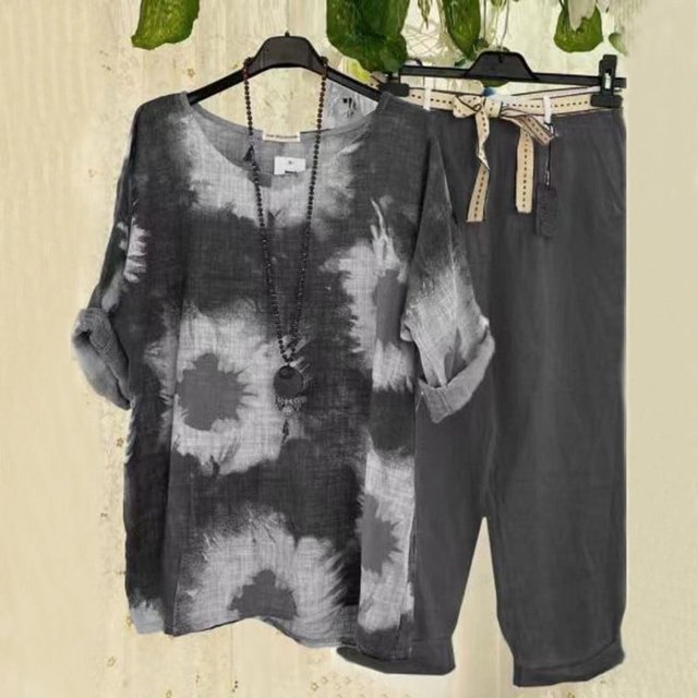 Ensembles Deux Pièces pour Femmes Ensemble d'Été Imprimé pour Femmes T-Shirt à Manches Courtes à Col Rond + Pantalon à Double Poche Ensemble Ensembles Grande Taille en Liquidation