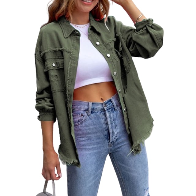 SUNSIOM Manteau Veste en Denim Surdimensionné pour Femme à Revers à Manches Longues Boutonné Veste en Jean Déchirée Automne Printemps