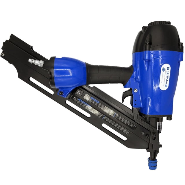 Clou d'Encadrement Crisp-Air DIY Series avec un Corps en Aluminium Léger Bleu et Noir, Poignée de Prise en Caoutchouc Profilée, Échappement Réglable à 360 Degrés, et un long Magasin Noir Conçu pour des Clous d'Encadrement de 30 à 34 Degrés de 2 à 3-1/2 Pouces, Montré sur le Côté sur un Fond Blanc.