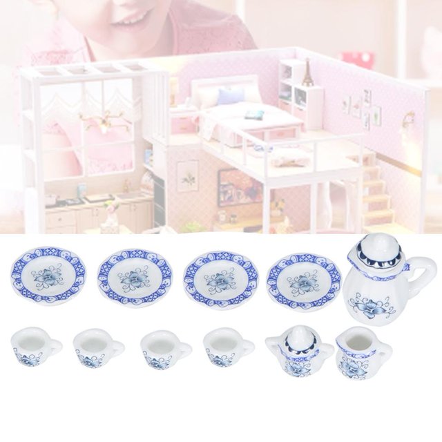 Greensen Porcelain Tea Miniature,1:12 Dollhouse Kitchen Miniature 15pcs Porcelain Flower Tea Cup Set Decor Collection, Tea Dollhouse Miniature