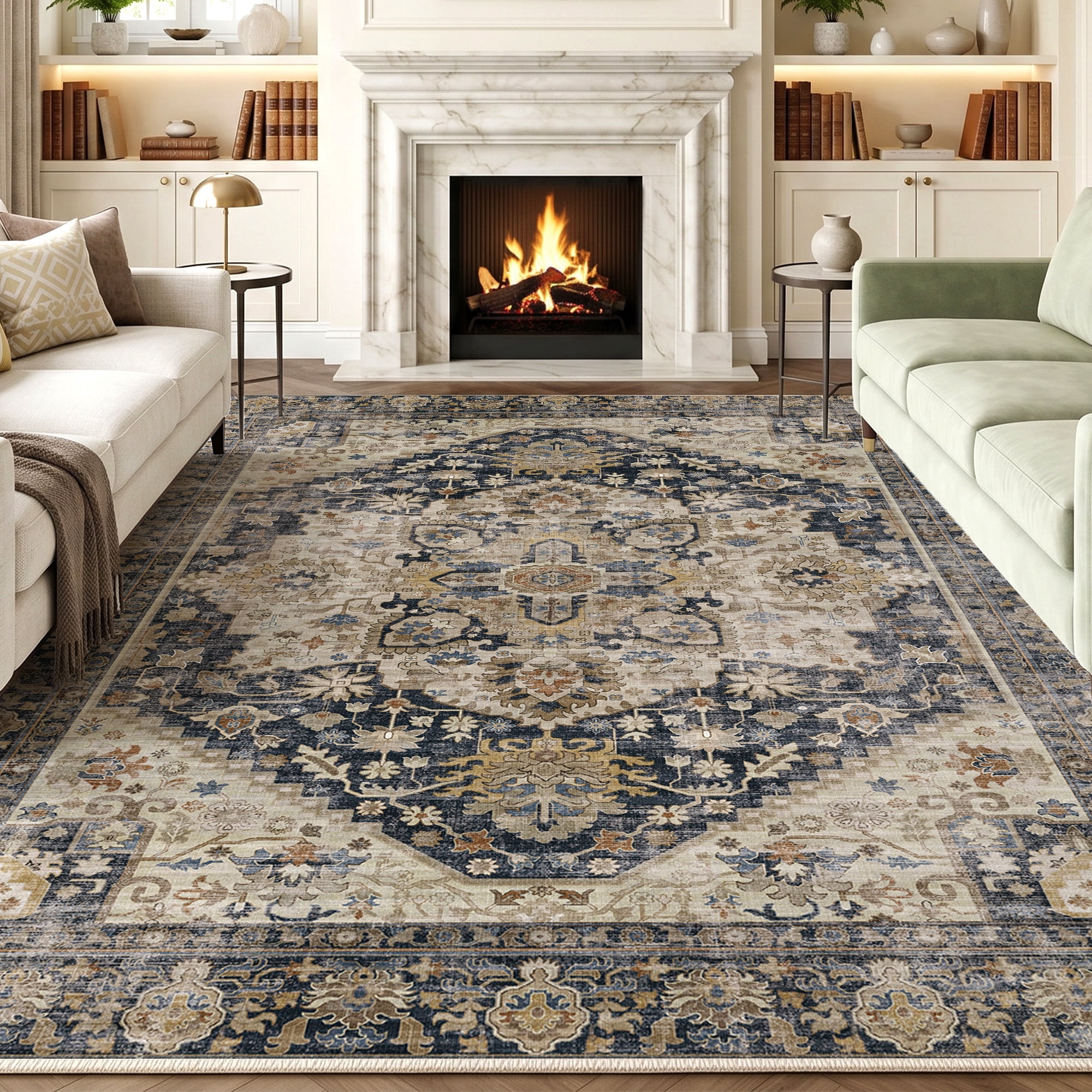 Exenoray Washable Bohemian Rug, Non-Slip Low Pile Printed Carpet, Faux Cashmere Surface, Vintage Blue 10*14